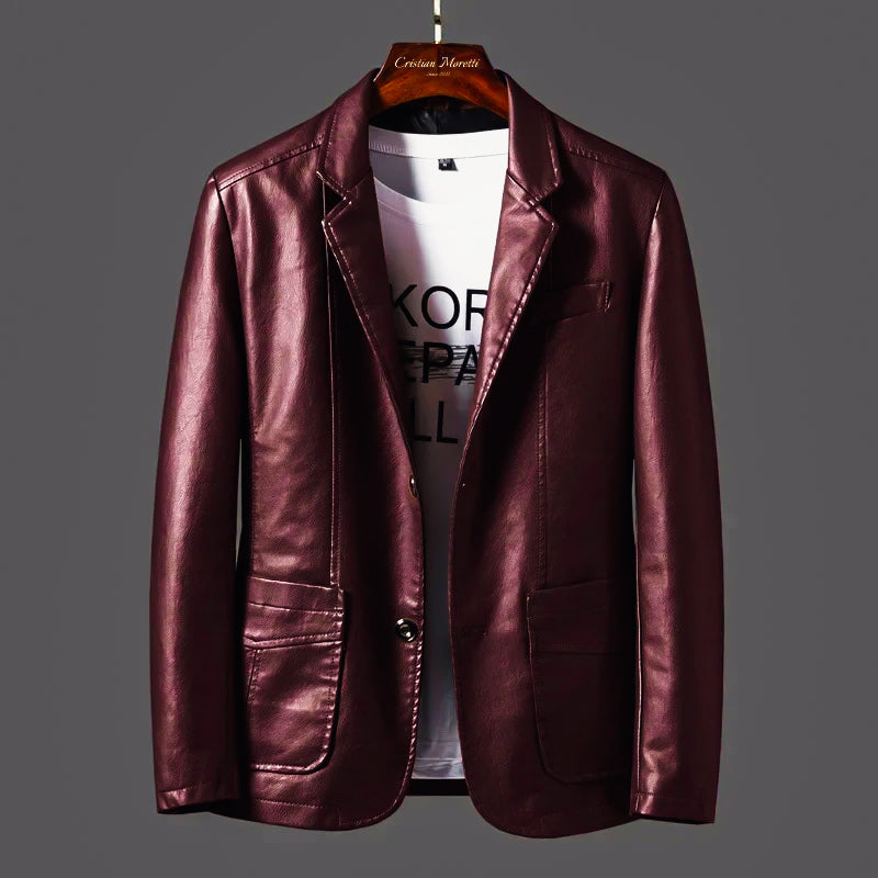 Men's black regular fit leather blazer with collared front button closure and functional pockets