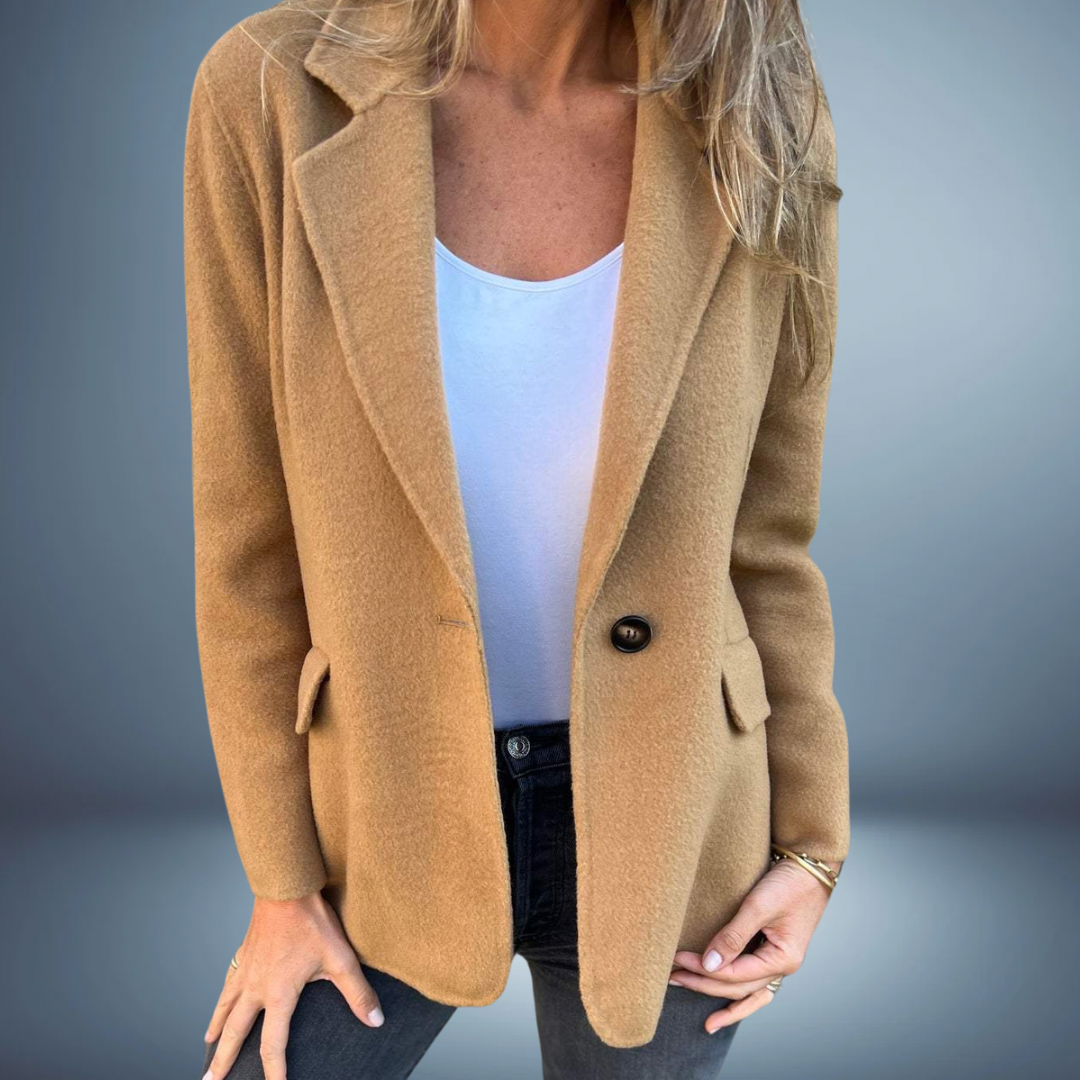 Women's black longline tailored blazer with front button closure, elegant office wear defined silhouette