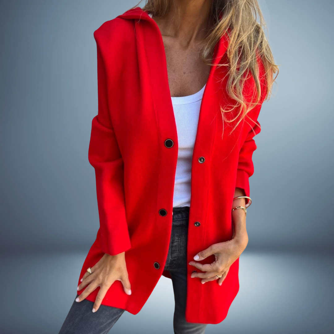 Women's light knit blazer with hood and button closure in versatile everyday office style