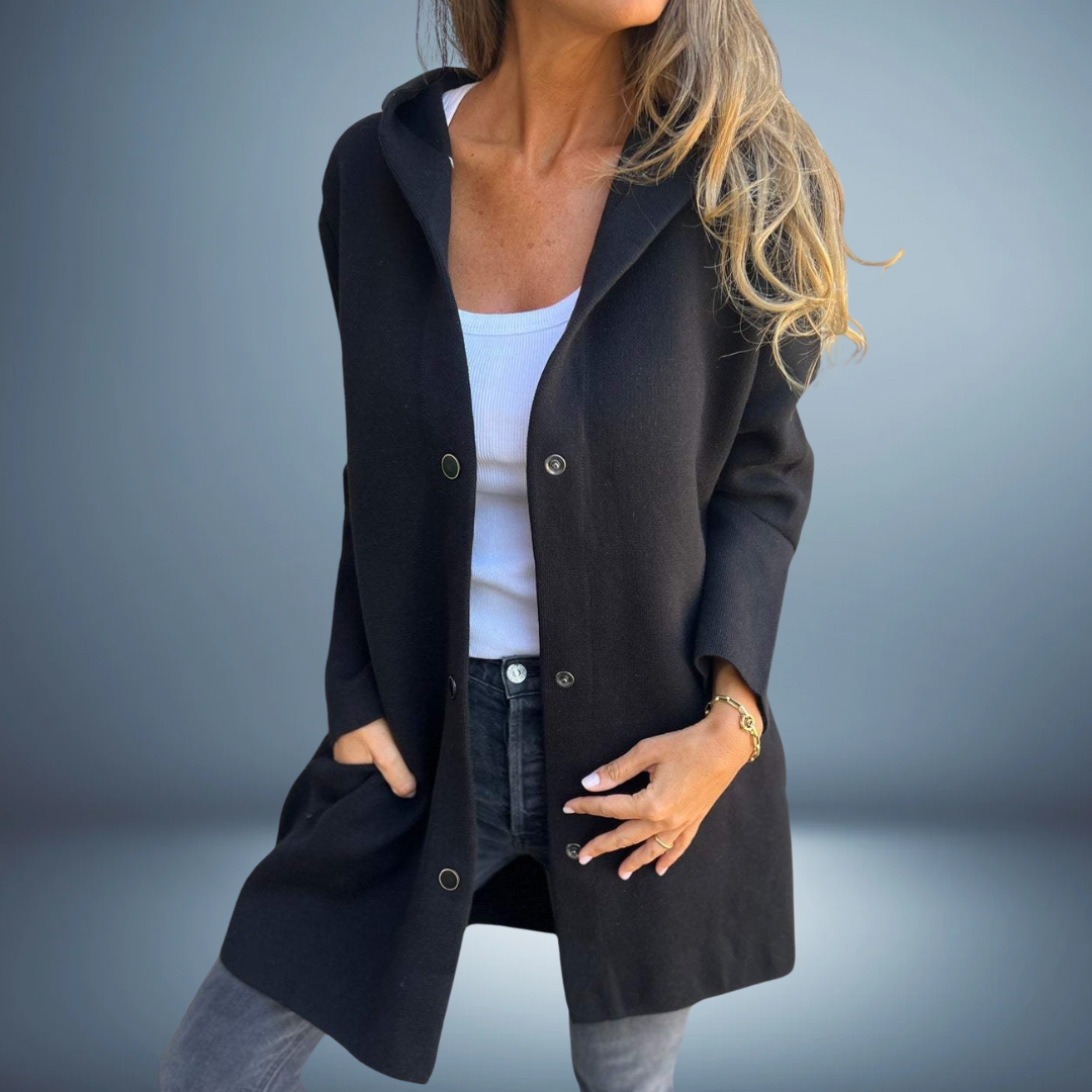 Women's lightweight knit blazer with hood and button closure in versatile everyday office style