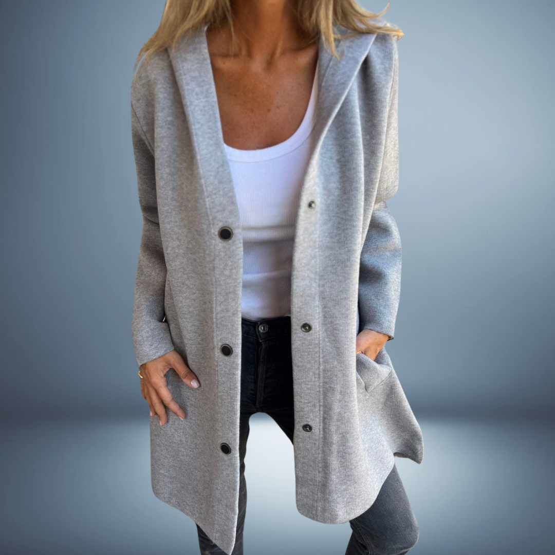 Women's light knit blazer with hood and button closure, polished casual style for office and travel