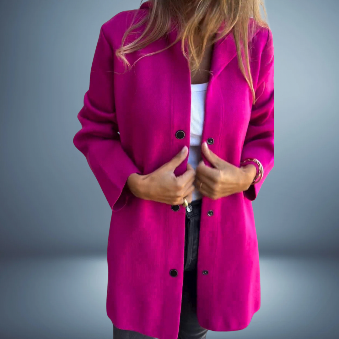 Women's light knit blazer with hood, button closure, polished everyday office style in neutral tone