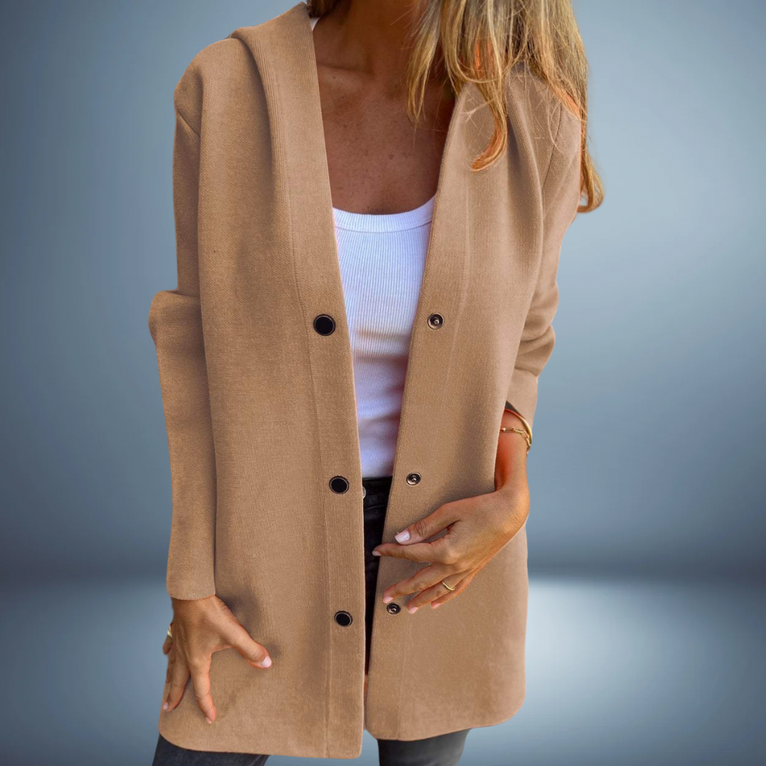 Women's lightweight knit blazer with hood and button closure in versatile everyday office style