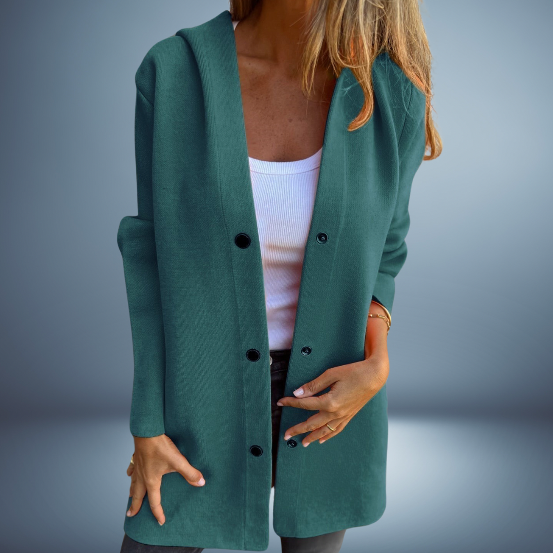 Women's light knit blazer with hood and button closure in versatile everyday office style