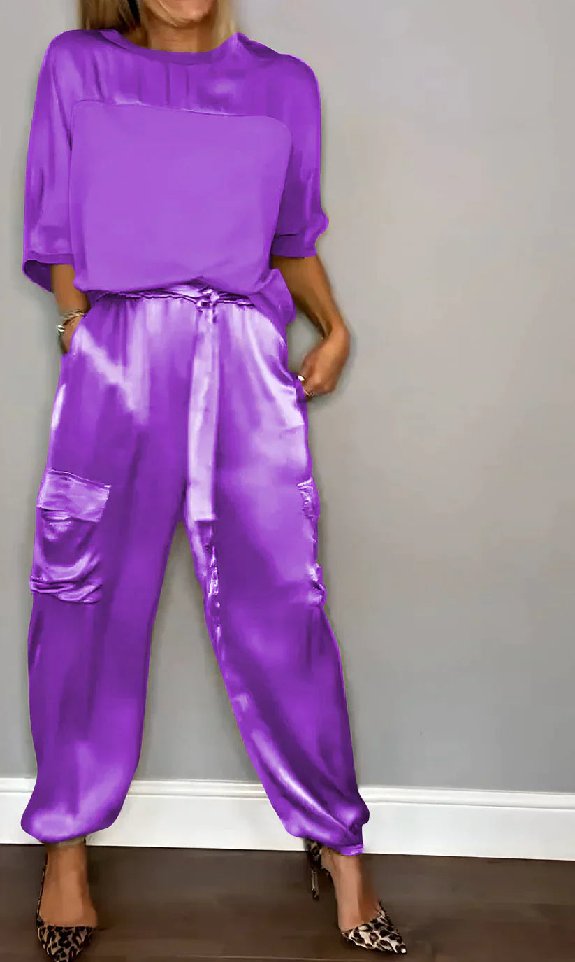 Elegant silk two-piece set women half-sleeve top straight-cut trousers polished coordinated outfit