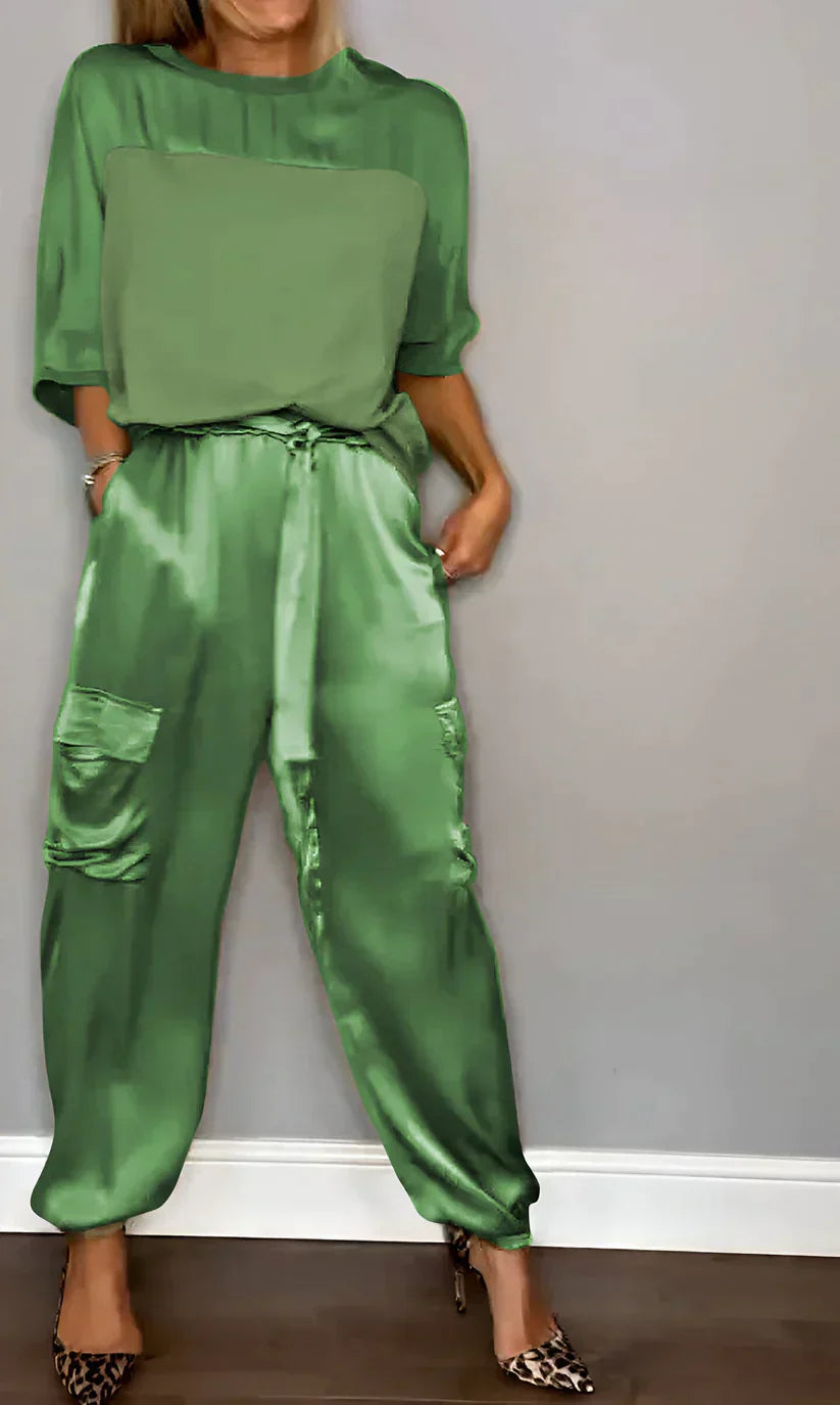 Women's silk two-piece set half-sleeve top straight-cut trousers elegant coordinated suit polished fit