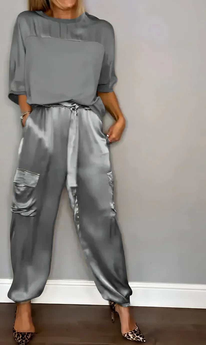Women's silk two-piece set half-sleeve top straight-cut trousers elegant coordinated office suit