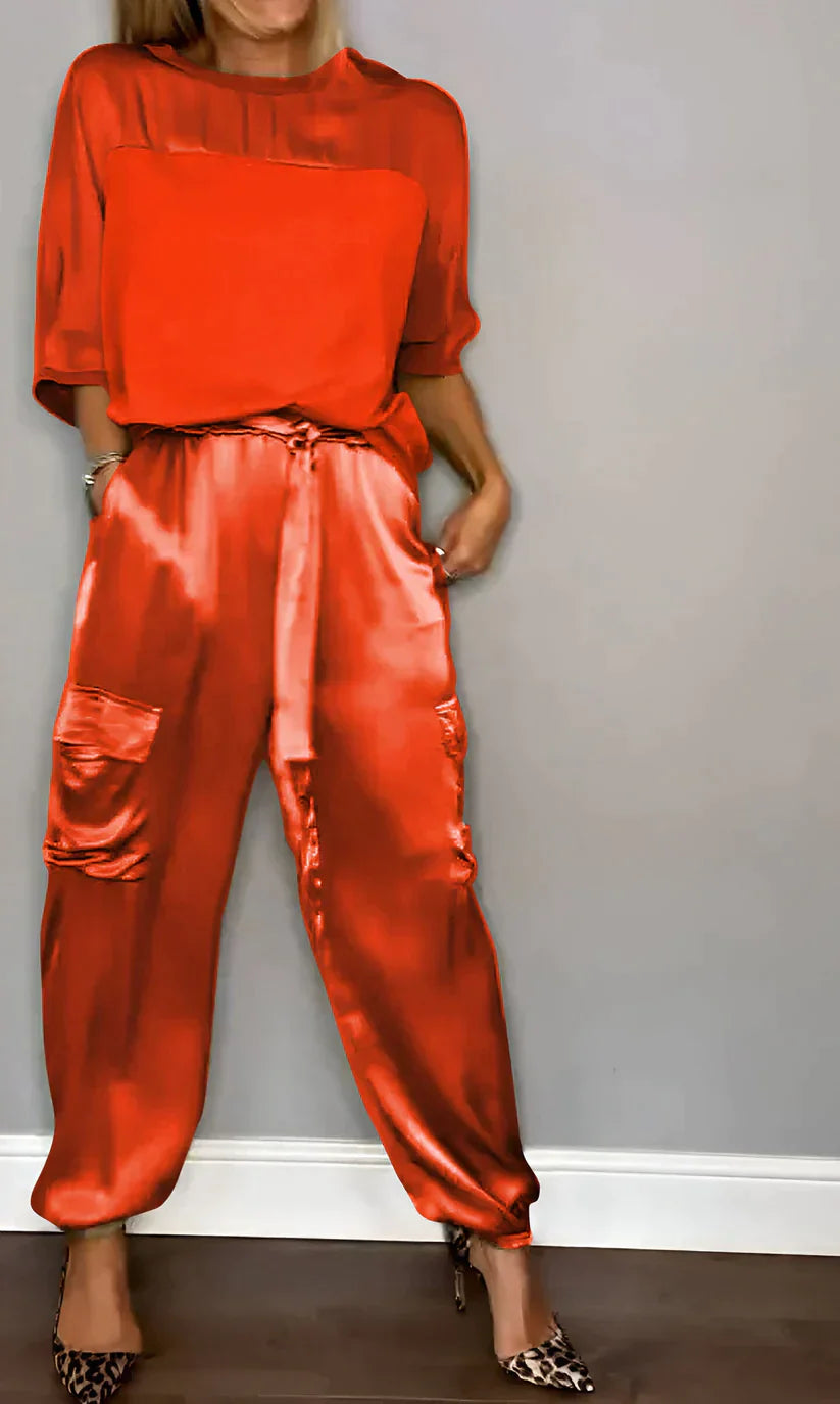 Women's silk two-piece suit set half-sleeve top straight-cut trousers elegant coordinated outfit