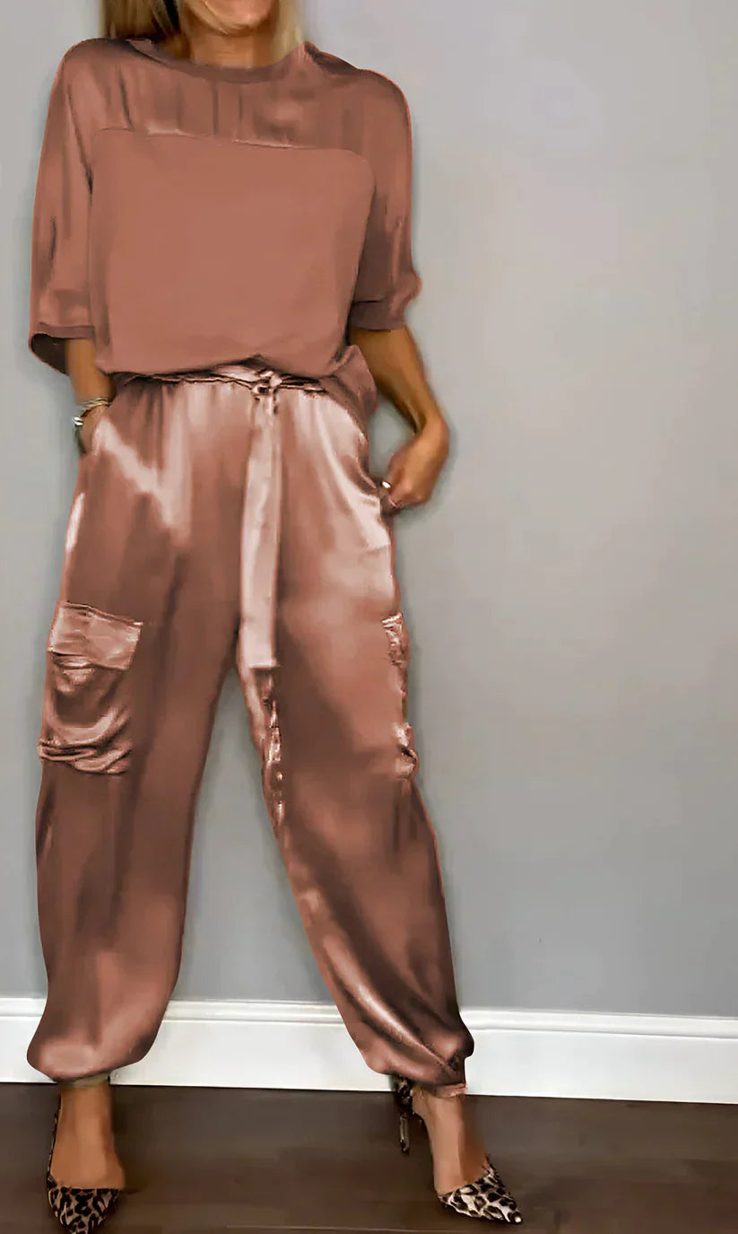 Women's silk two-piece suit set half-sleeve top straight-cut trousers elegant coordinated outfit