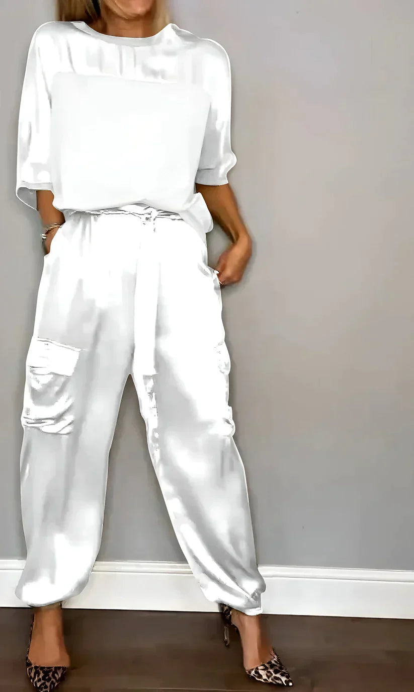 Women's silk two-piece suit set half-sleeve top straight-cut trousers elegant coordinated outfit