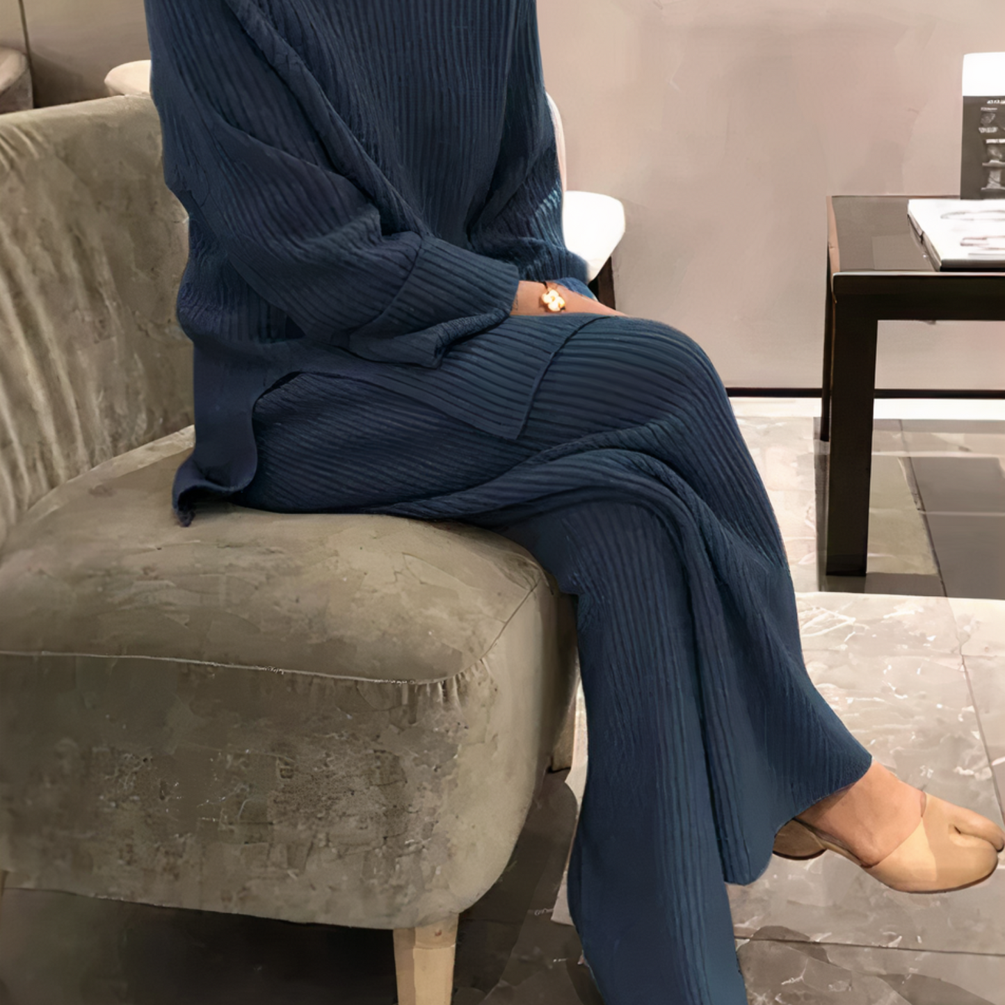 Women's rib knit two-piece sweater and wide-leg pants set relaxed fit cozy loungewear