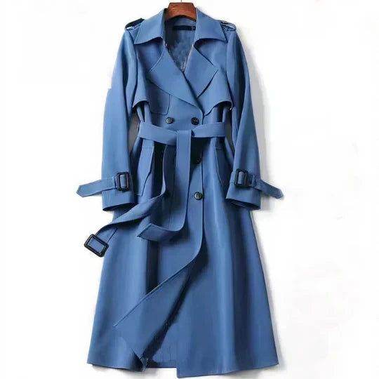 Women's warm beige trench coat classic silhouette with cozy winter-ready lining and elegant belted waist