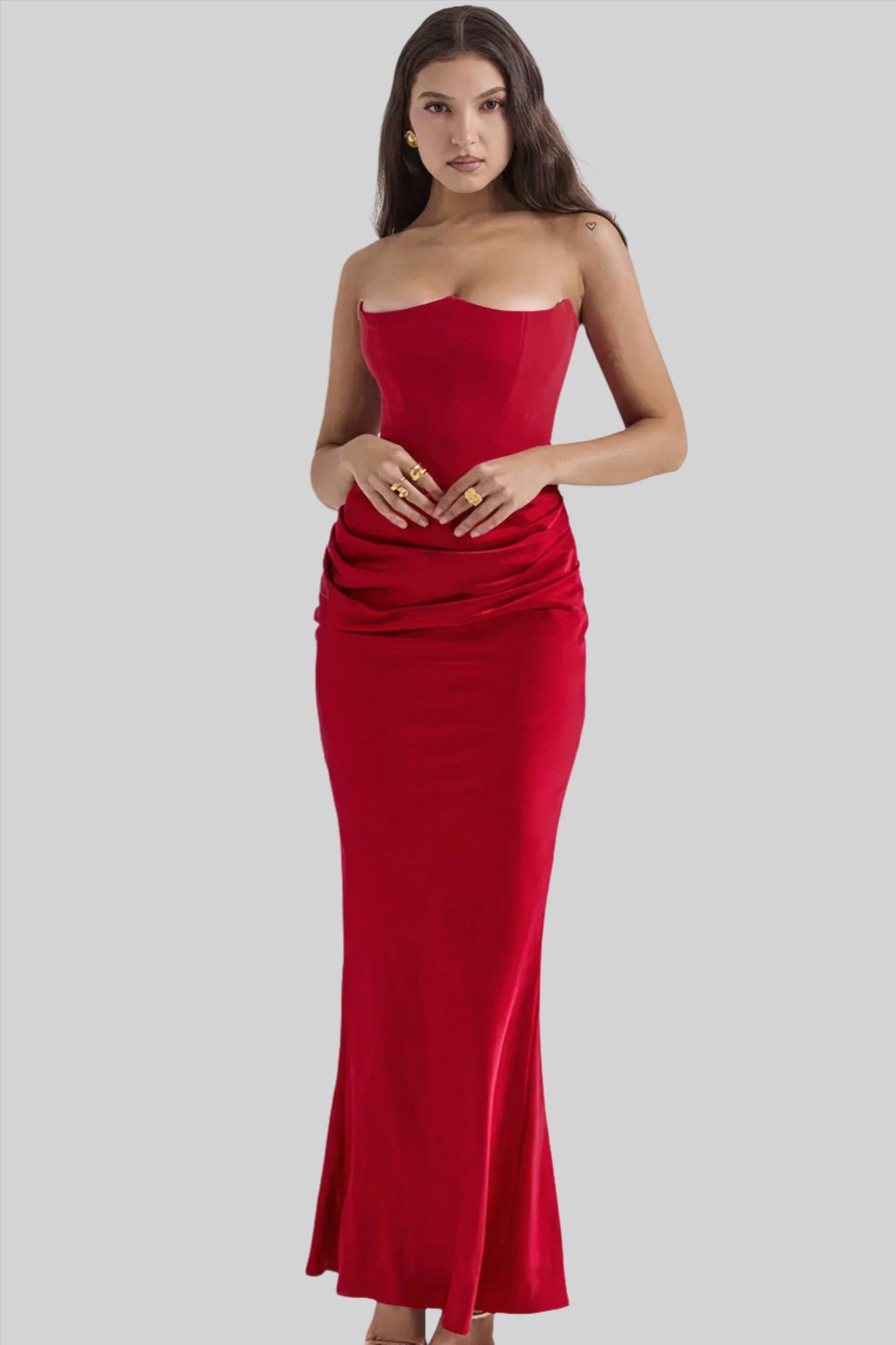 Isla off-shoulder satin maxi dress in elegant silhouette, sleek silky finish for formal eveningwear