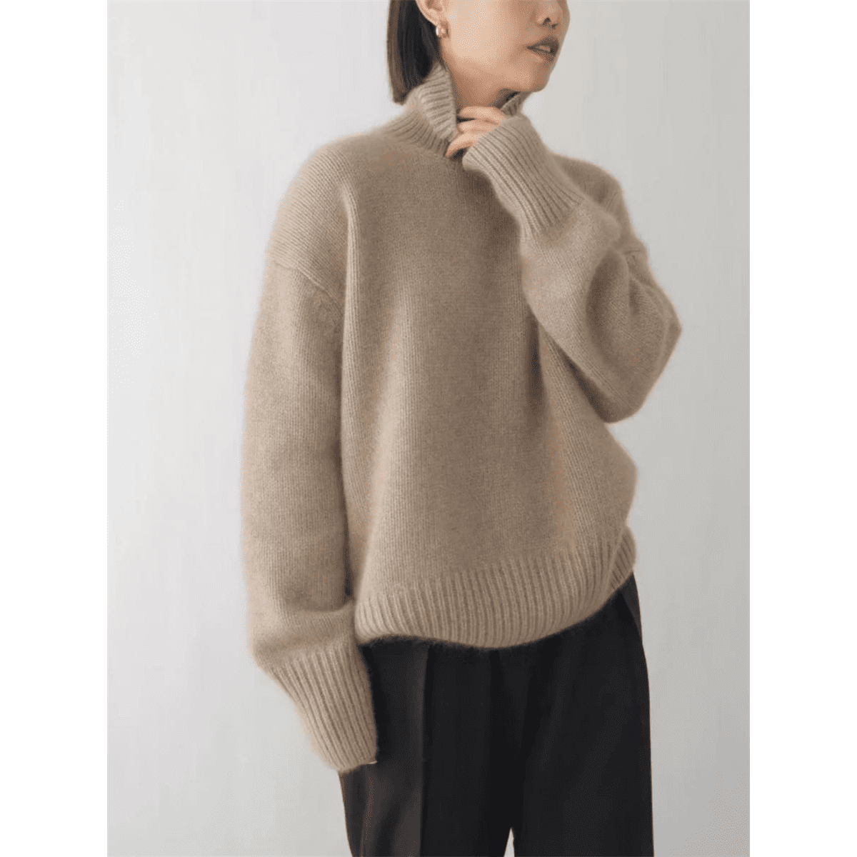 Women relaxed fit ribbed turtleneck sweater hip-length cut cozy casual everyday style