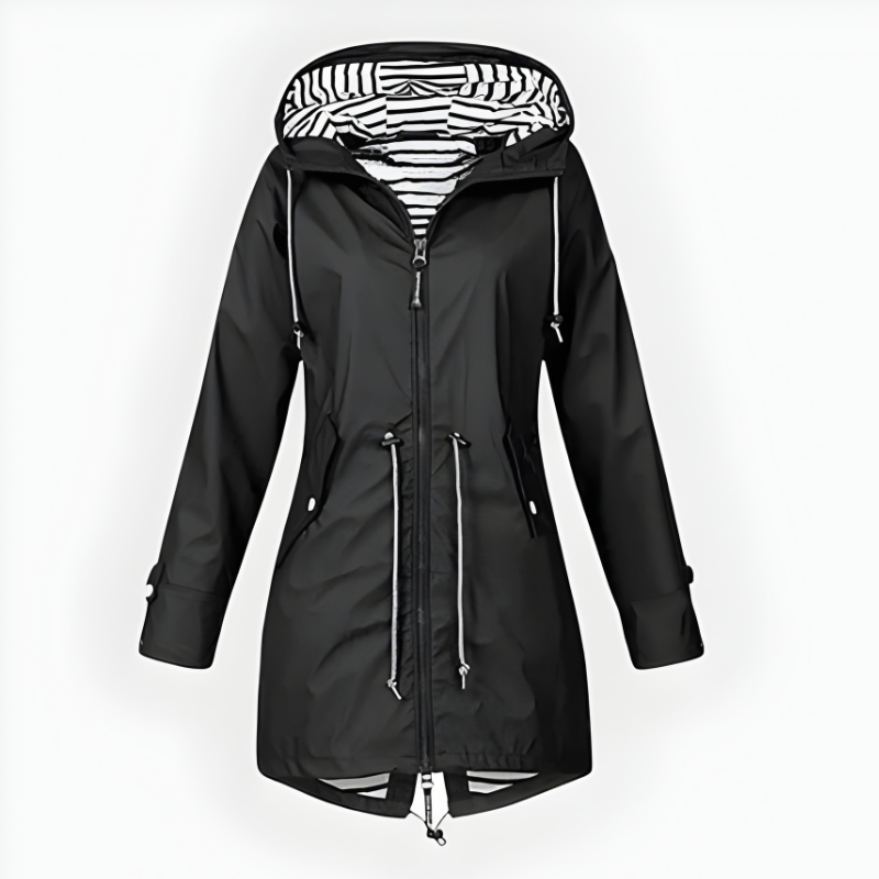 Women's long waterproof hooded rain jacket windproof durable outdoor fashion coat all weather