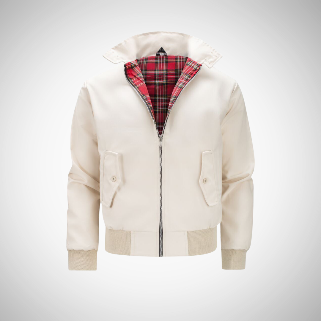 Men's zip-up bomber jacket with checkered lining, ribbed cuffs, classic casual silhouette