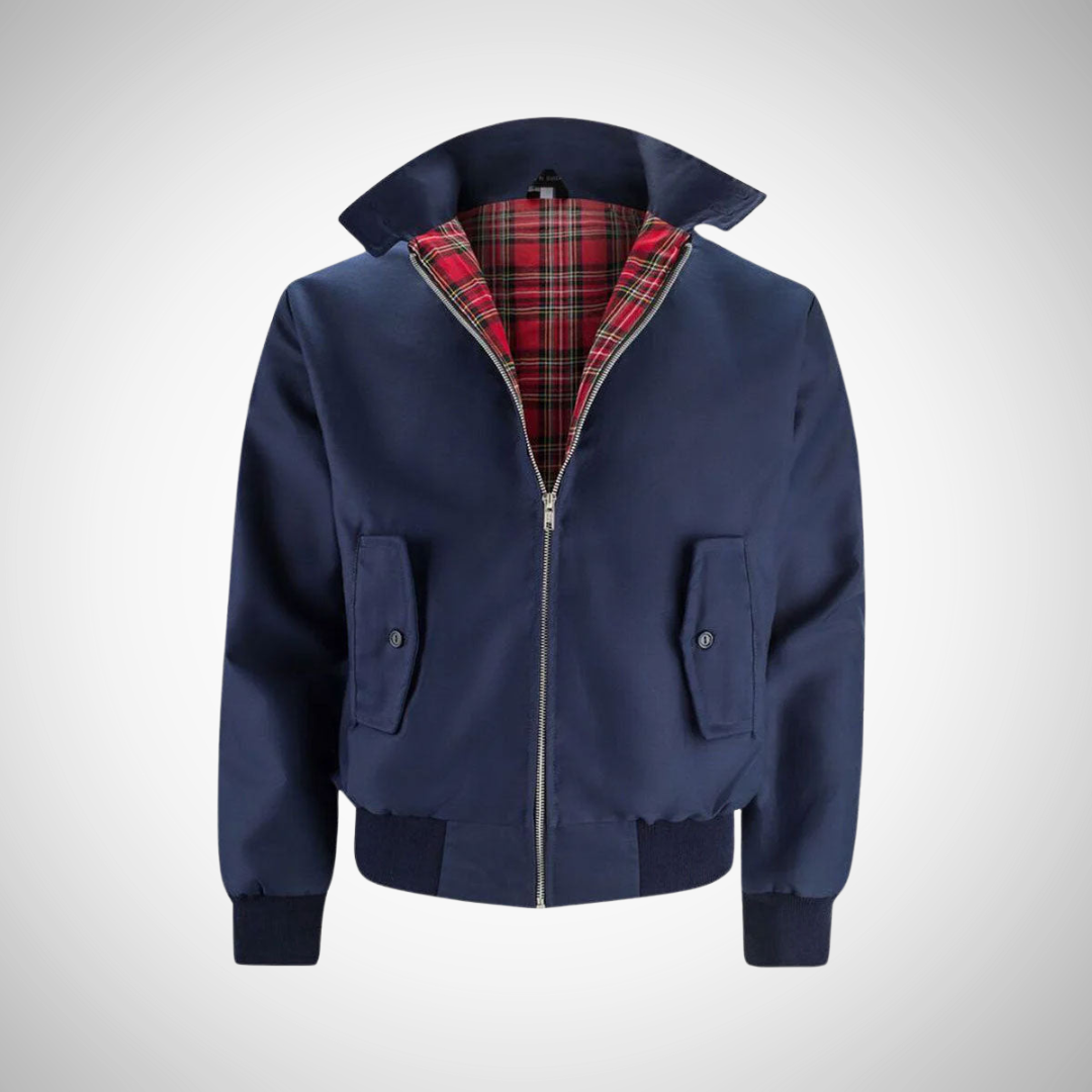 Men's zip-up bomber jacket with checkerboard lining, ribbed cuffs, classic casual silhouette