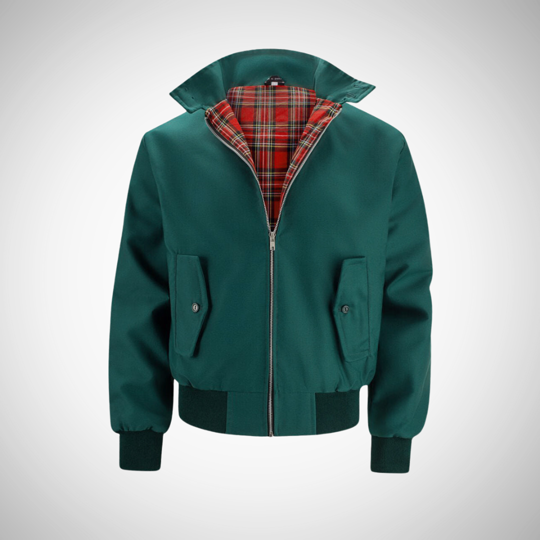 Men's zip-up bomber jacket with checkered lining, ribbed cuffs, classic casual silhouette