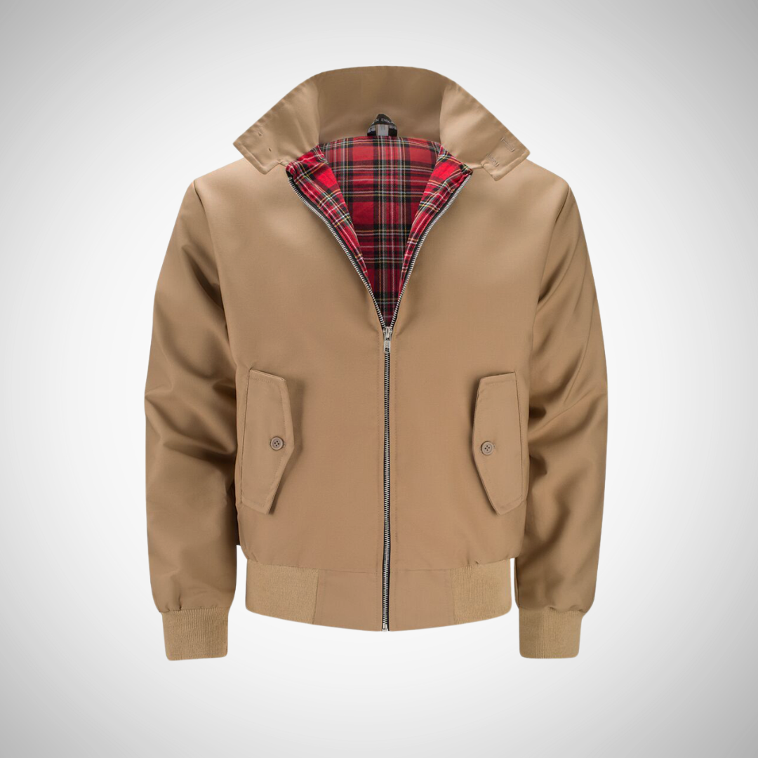 Men's zip-up bomber jacket with checkered lining, ribbed cuffs, classic casual silhouette