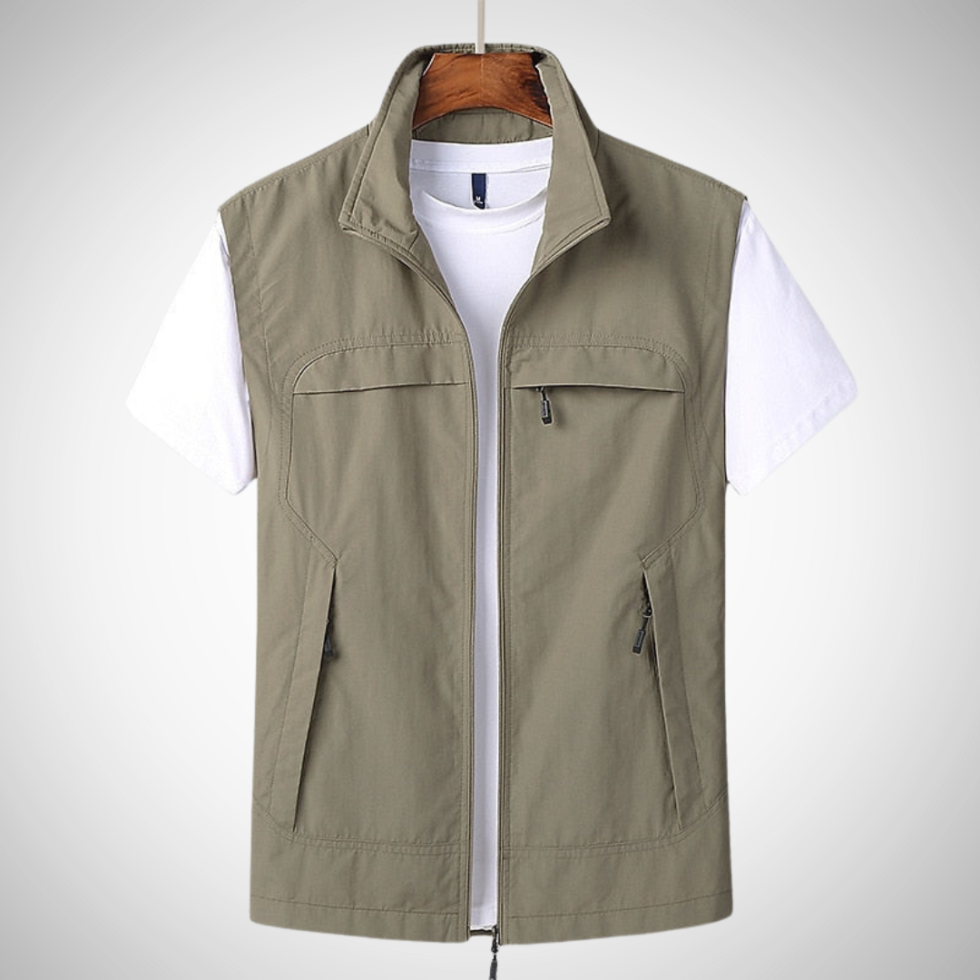 Men's sleeveless outdoor vest with zippered pockets, stand-up collar, full-zip layering piece