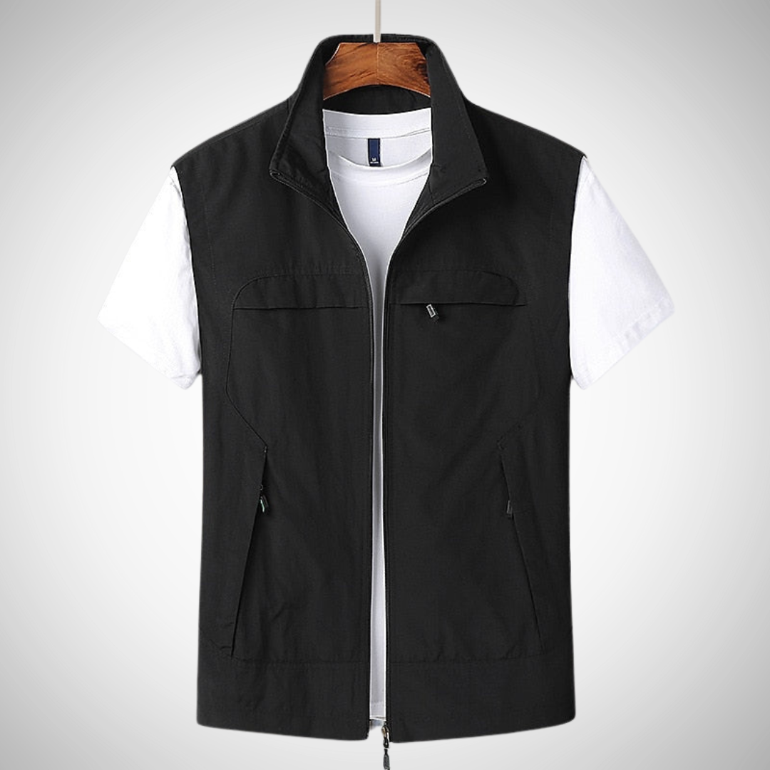 Men's sleeveless outdoor vest with zippered pockets, stand-up collar, full-zip layering piece