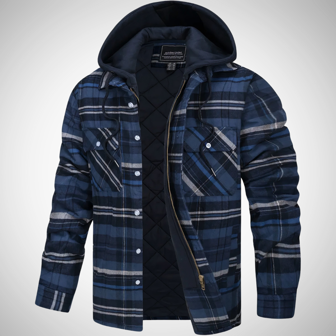 Men's checkered hooded jacket with quilted lining, casual fit, adjustable drawstring hood for warmth