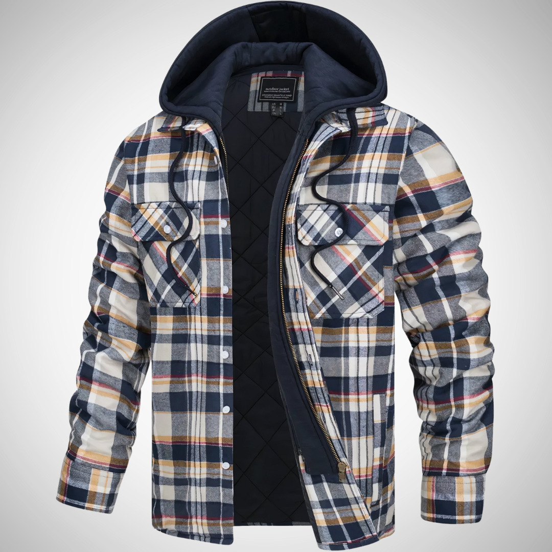 Men's checkered hooded jacket with quilted lining, casual fit, adjustable drawstring hood for warmth