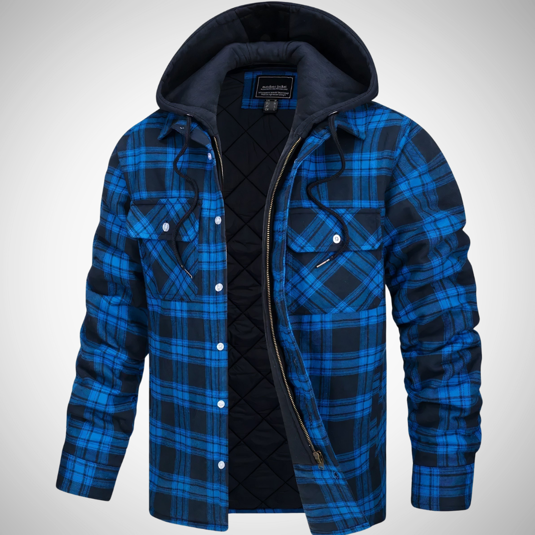 Men's checkered hooded jacket with quilted lining, casual fit, adjustable drawstring hood for everyday warmth