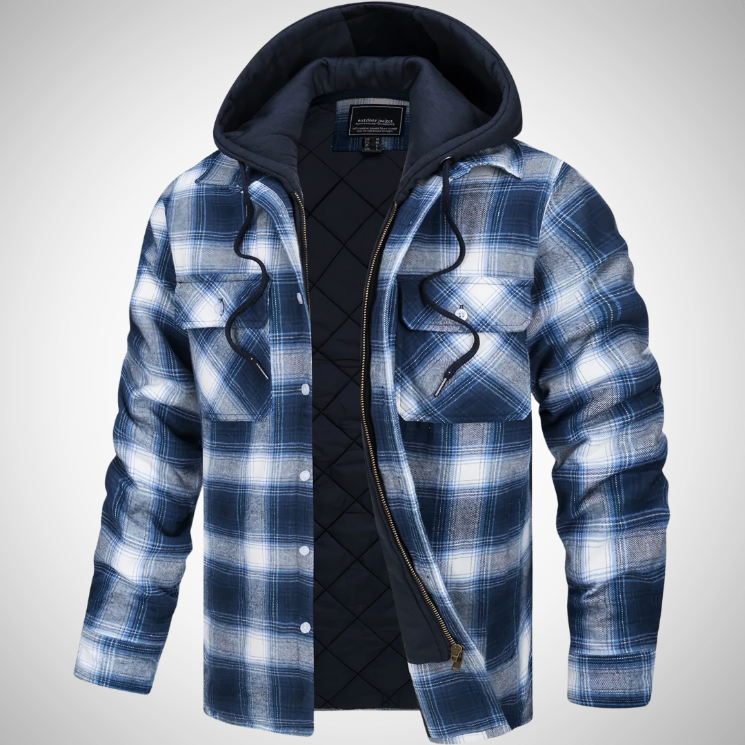Men's checkered hooded jacket with quilted lining, adjustable drawstring hood, casual everyday style