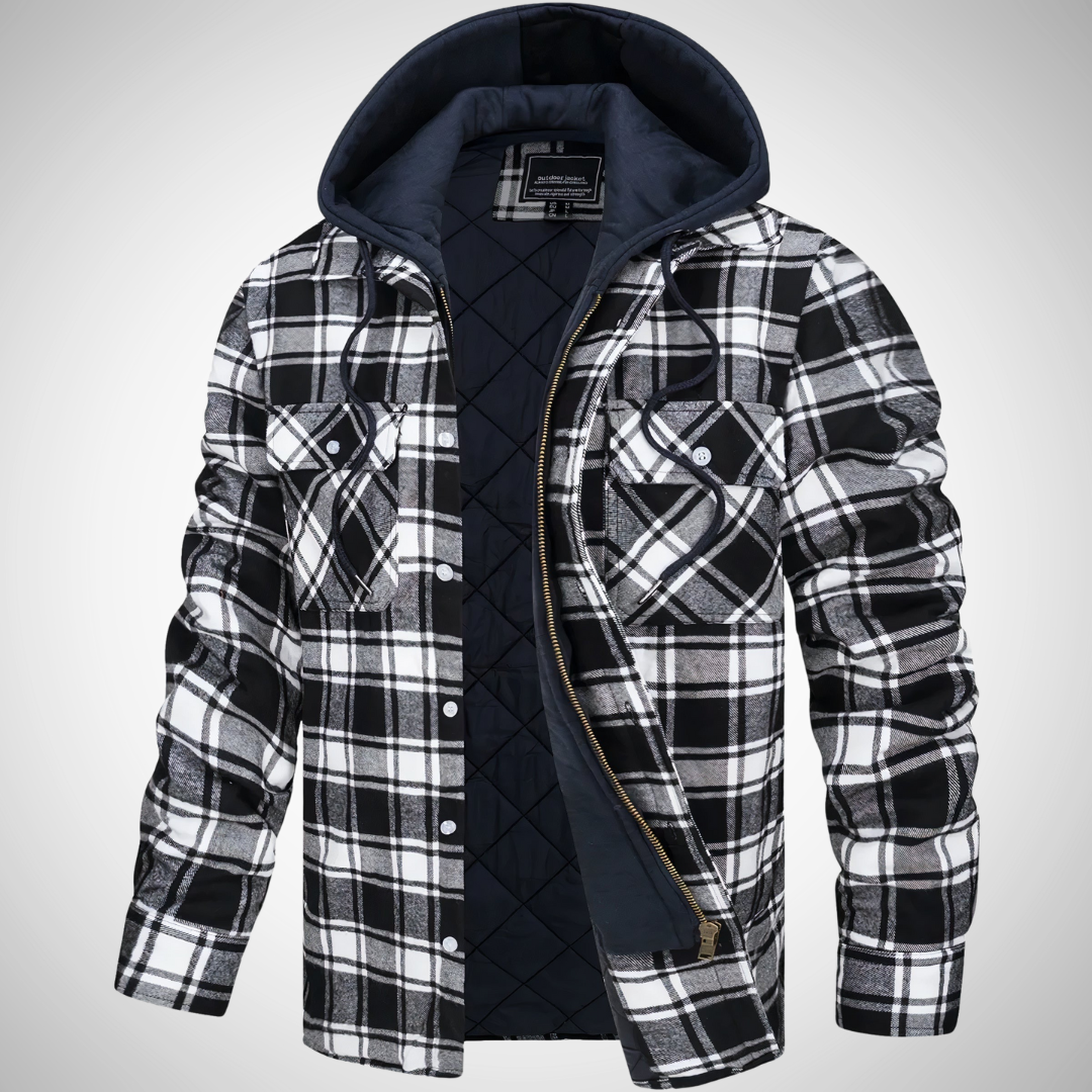 Men's checkered hooded jacket with quilted lining, casual fit, adjustable drawstring hood for everyday warmth