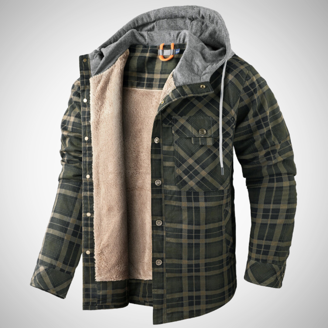 Men's hooded winter jacket check pattern fleece-lined drawstring hood cold-weather warmth