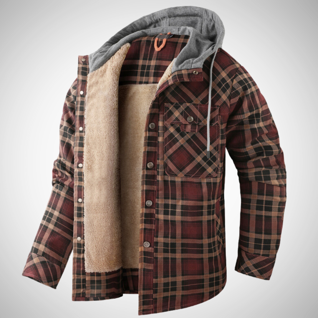Men's hooded winter jacket in check pattern with fleece lining, drawstring hood, casual warm fit