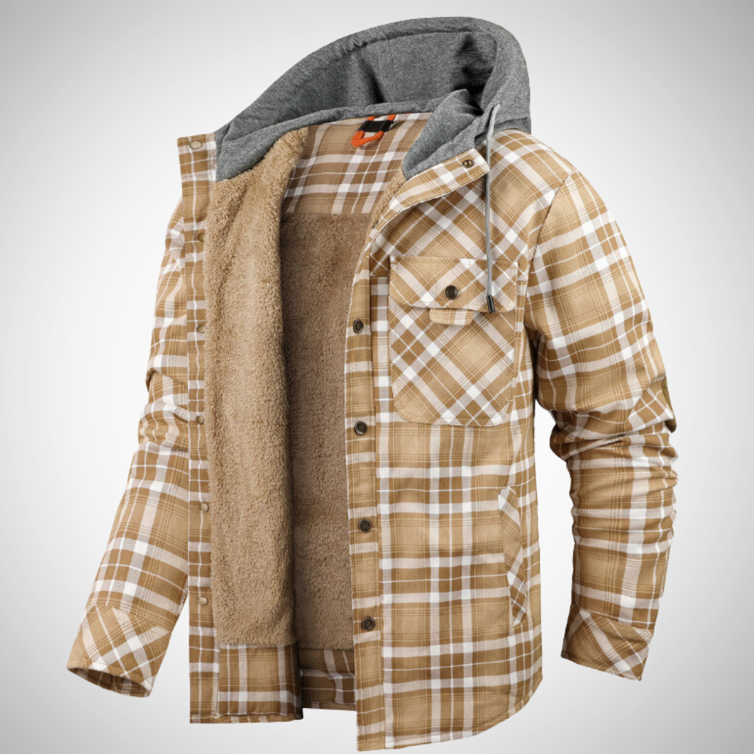 Men's hooded winter jacket check pattern fleece-lined drawstring hood cold-weather comfort