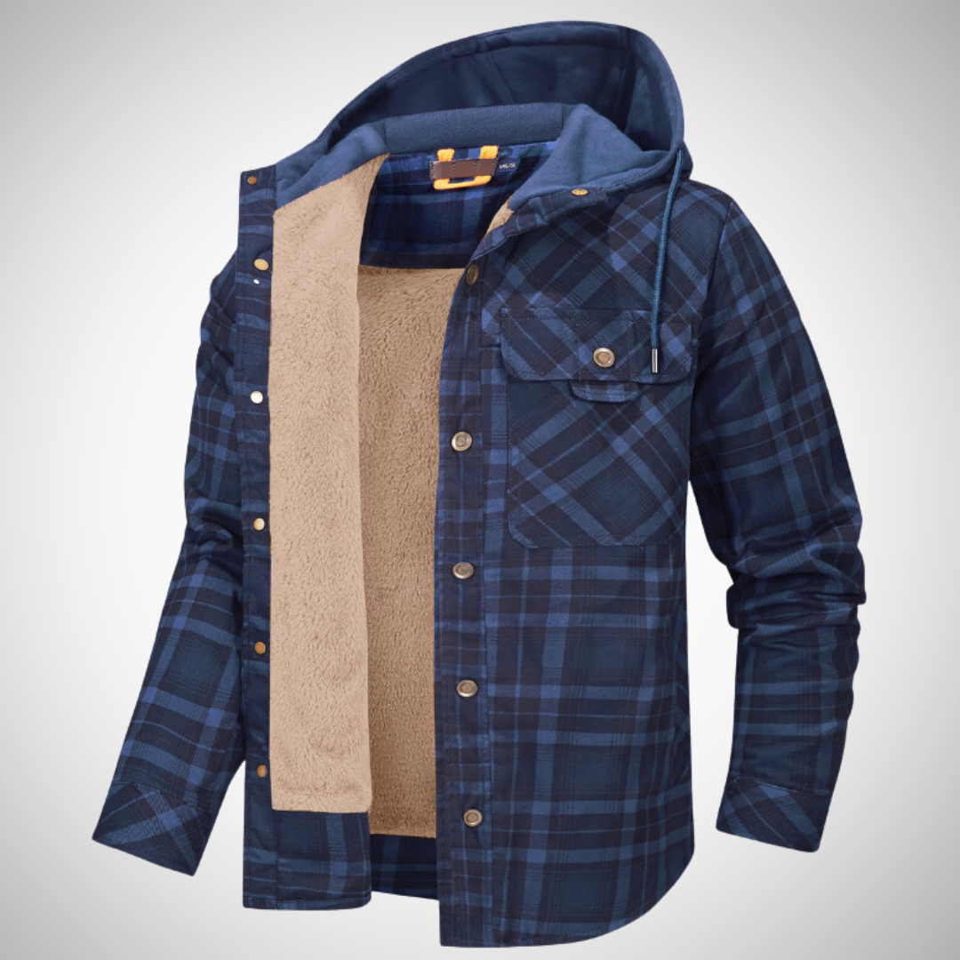 Men's hooded winter jacket check pattern fleece-lined warmth adjustable drawstring hood