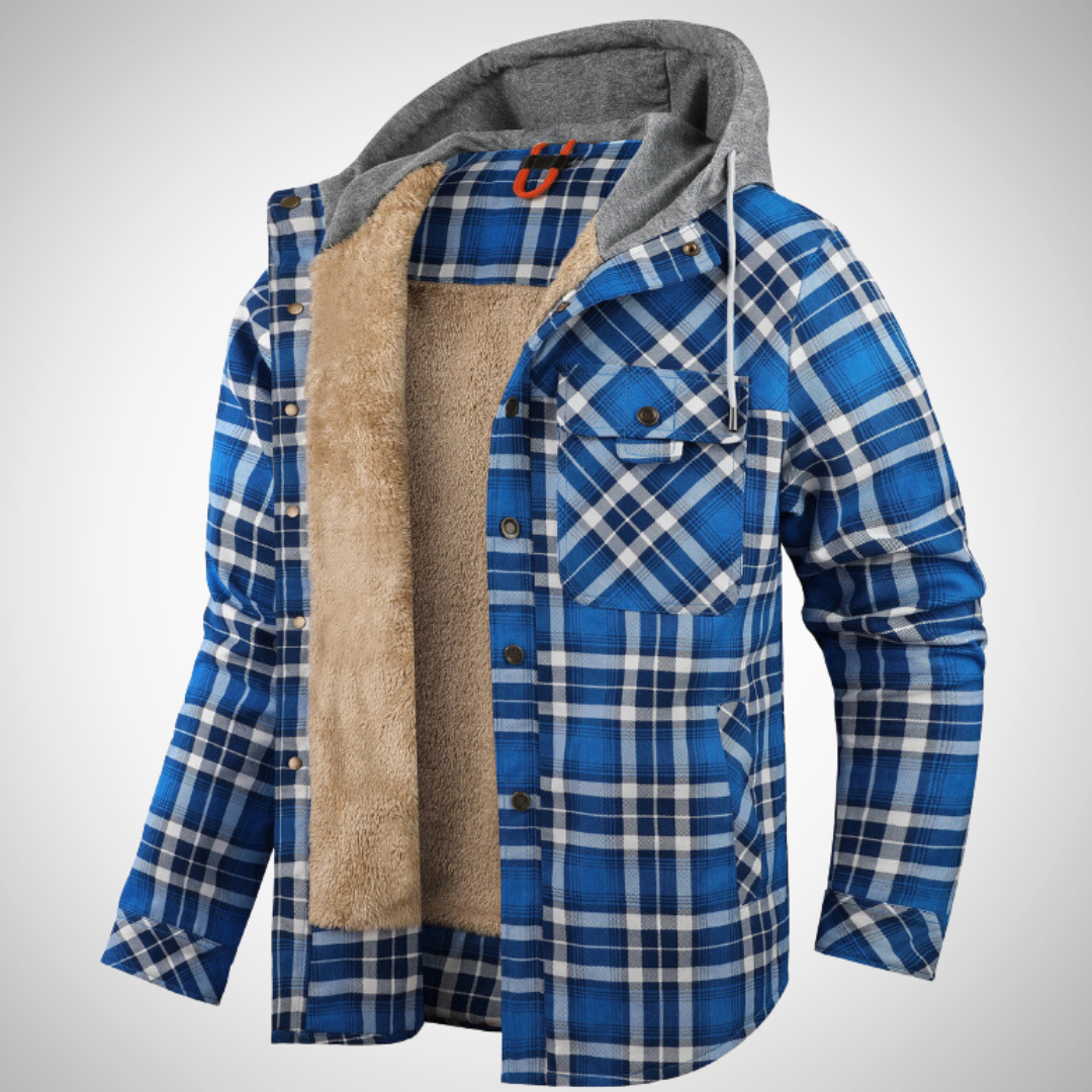 Men's hooded winter jacket check pattern fleece-lined warmth drawstring adjustable hood cold weather