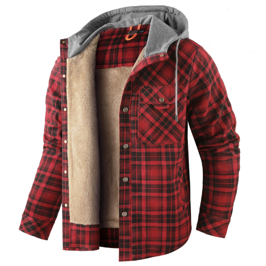 Men's hooded winter jacket check pattern fleece-lined drawstring hood cold-weather warmth
