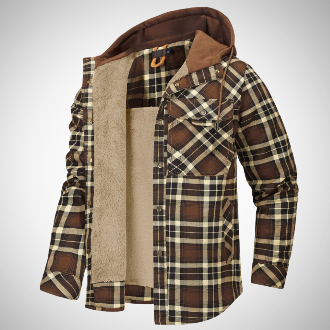 Men's hooded winter jacket check pattern fleece-lined drawstring hood cold-weather comfort
