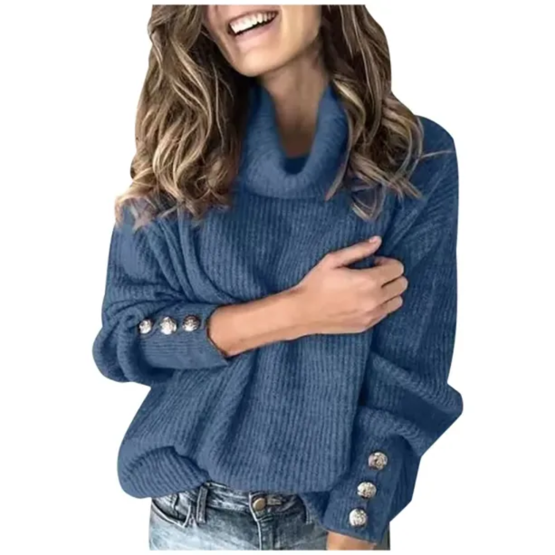 Women's oversized turtleneck sweater relaxed fit with buttoned sleeves cozy casual style