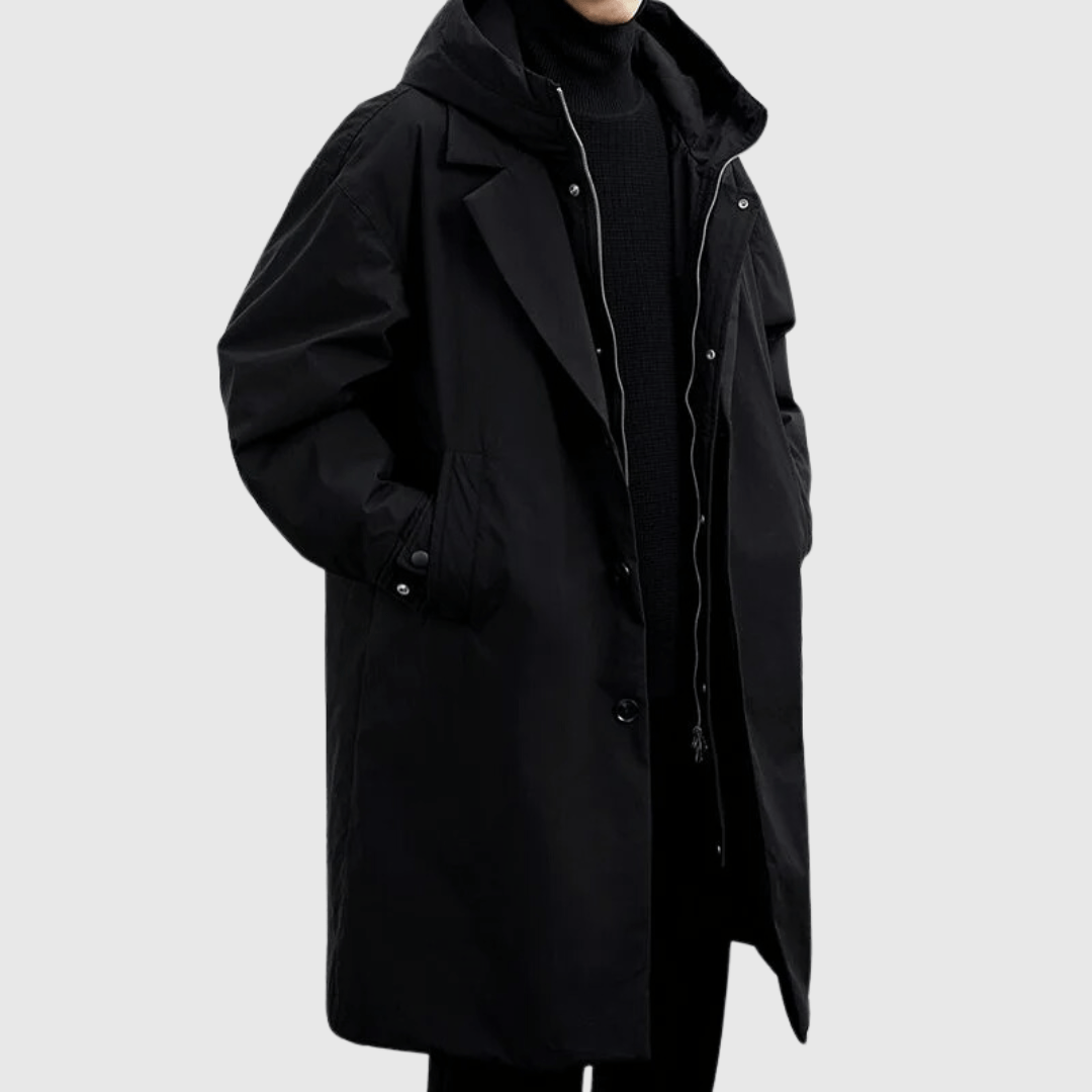 Men's weather-resistant hooded knee-length coat, oversized fit, dark colorway, streamlined silhouette