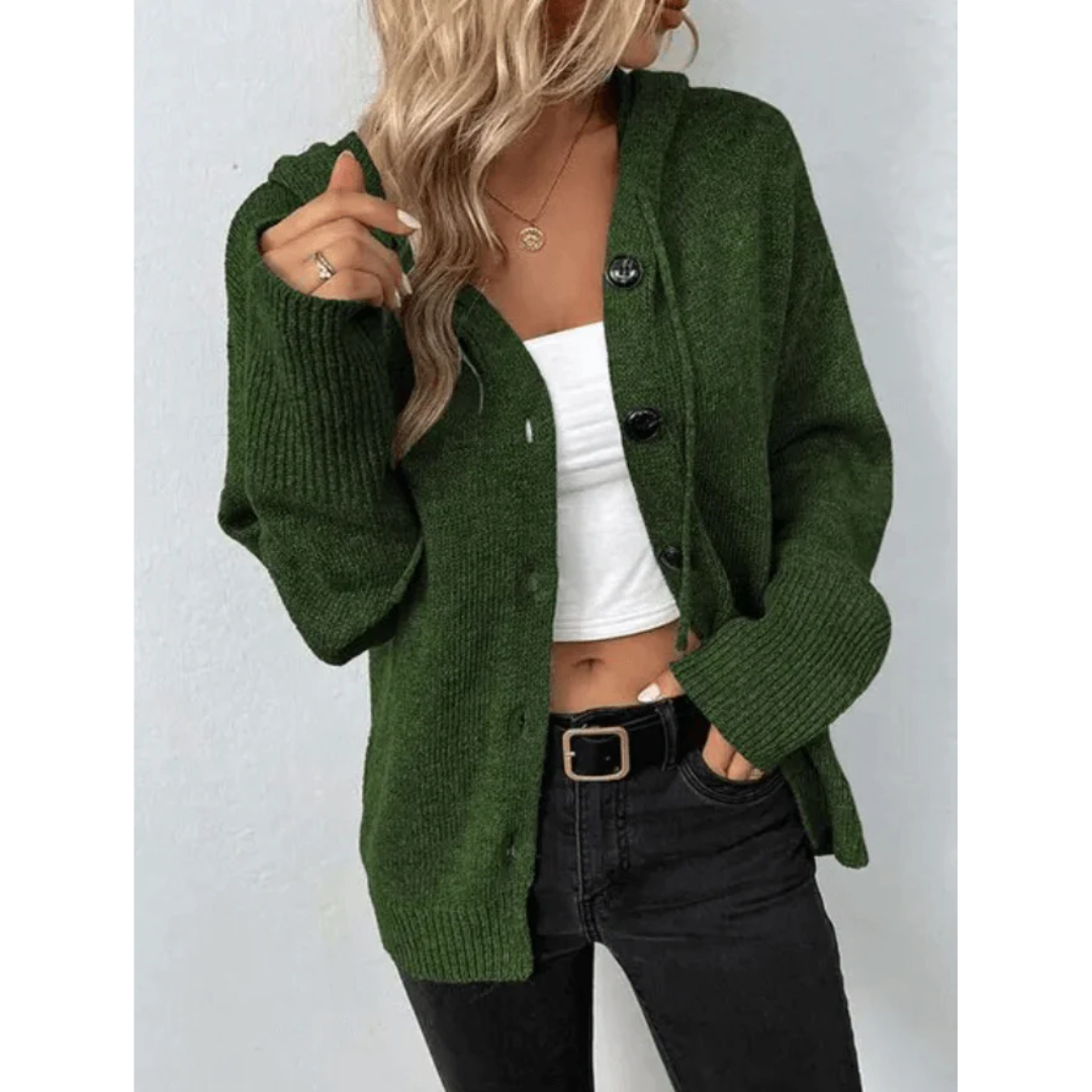Women's warm knit cardigan in cozy winter style with button-down front closure and thermal insulation