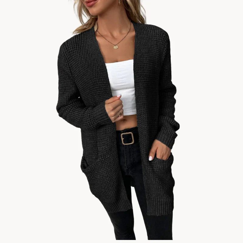 Uliana long V-neck cardigan women elegant soft layering essential versatile sustainable neutral