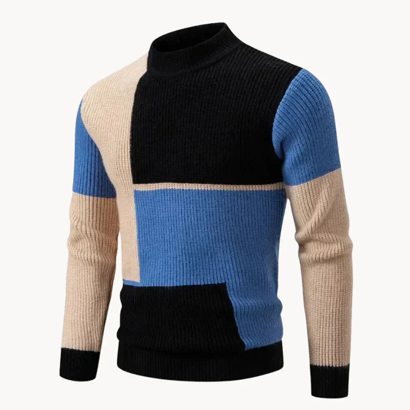 Men's Enzo knit jumper with bold graphic block design in warm neutral tones, casual fit