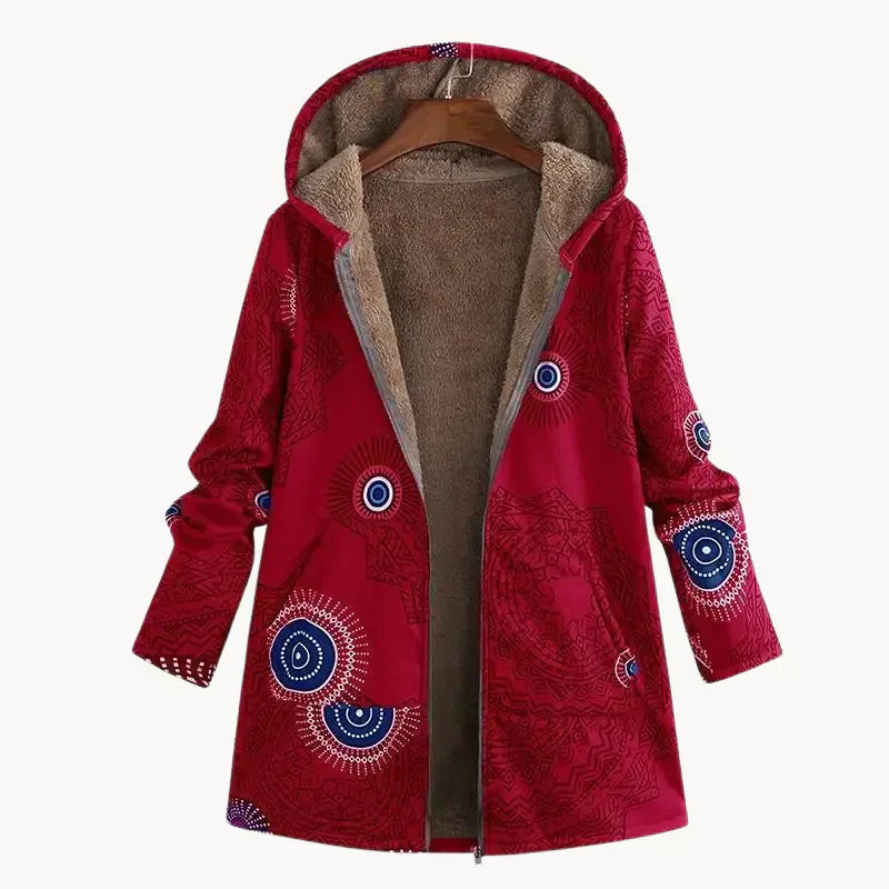Women's Sanja parka with bold patterned design, cozy insulated fit for cold weather everyday style