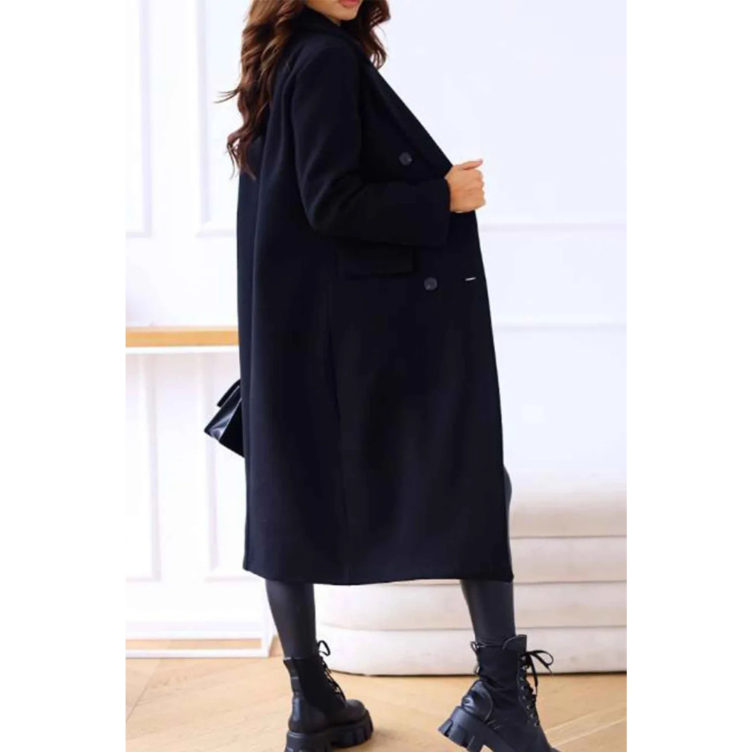 Women's oversized double-breasted wool-blend long coat in classic neutral tones with timeless silhouette