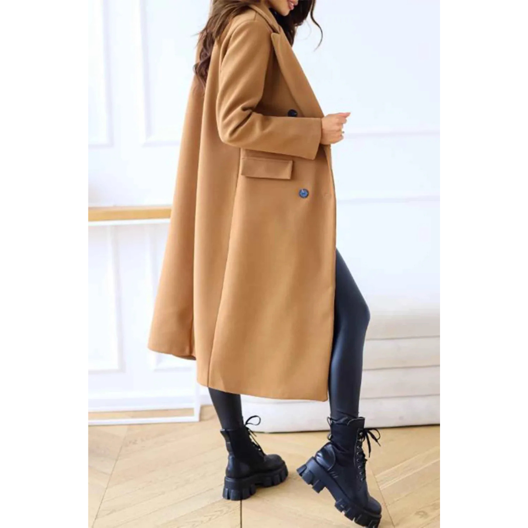 Women's oversized double-breasted wool-blend long coat in timeless classic cut with elegant detailing