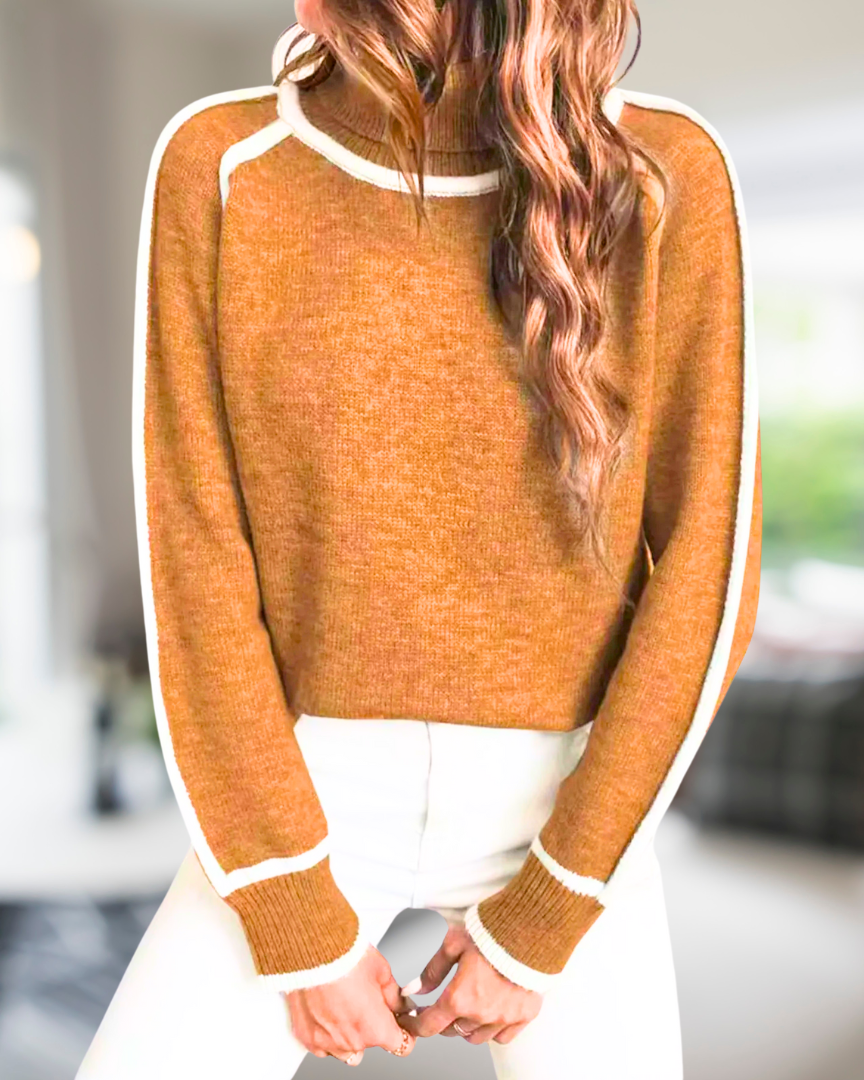 Women's relaxed-fit high-neck knit sweater with contrast trim piping on shoulders and sleeves