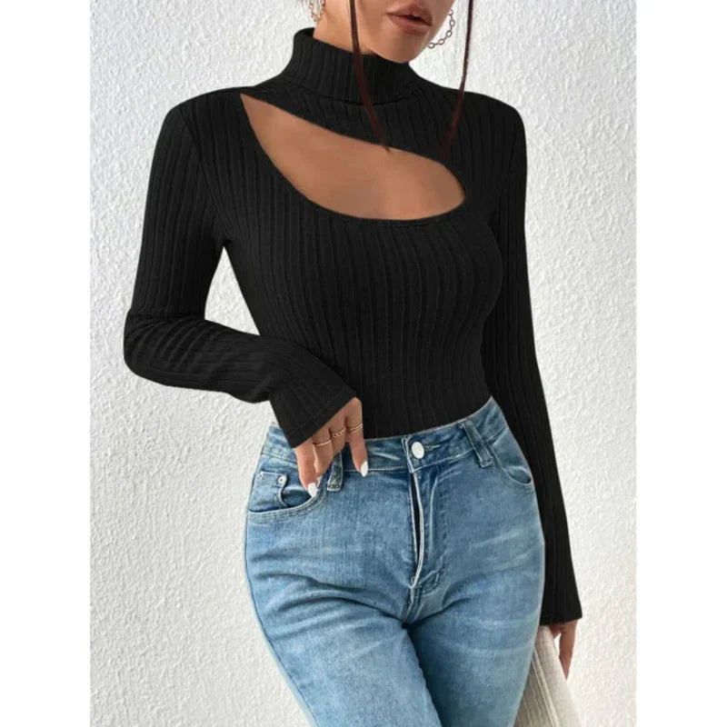 Women's fitted turtleneck sweater with hollow chest cutout, long sleeve modern chic style