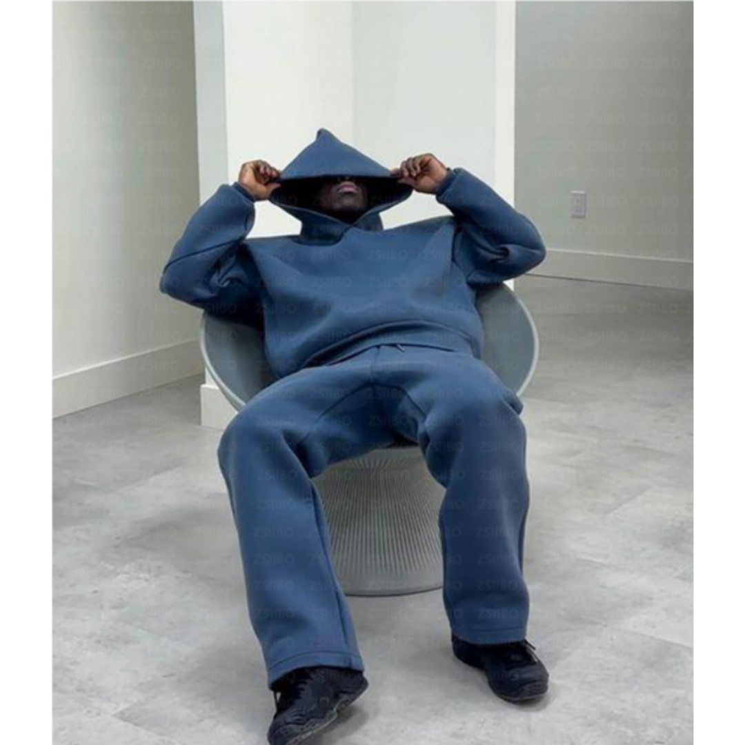 Men's gray minimal hooded sweater set with clean coordinated two-piece relaxed fit design