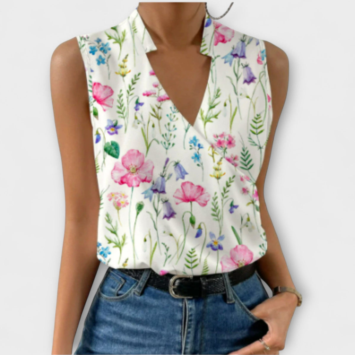 Nina | Women's Sleeveless Wrap V-Neck Top Collared Blouse