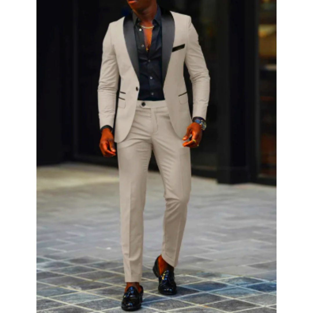 Men's slim fit black tuxedo suit with satin lapels, structured blazer and matching trousers for weddings